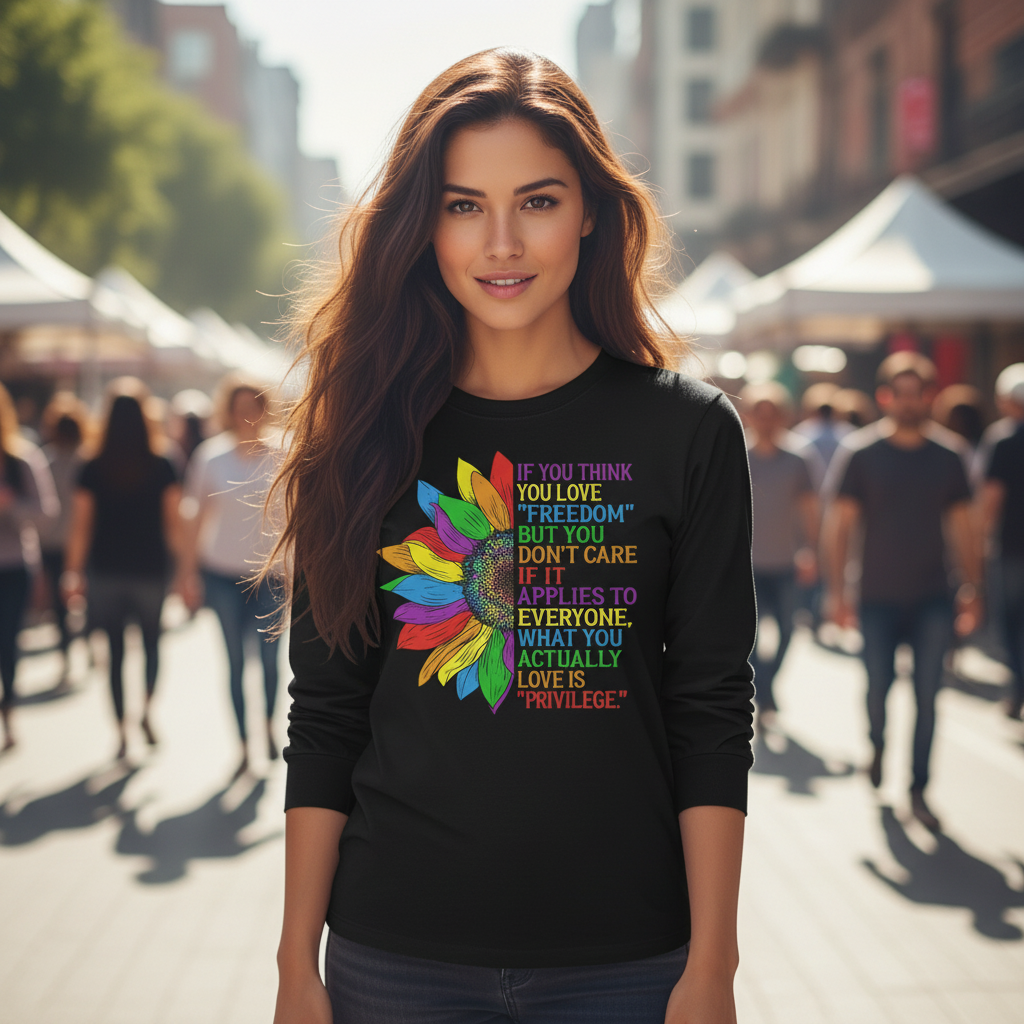 Long Sleeve Tee — Rainbow Feather Quote “If You Think Freedom…” Equality Human Rights Activists Protest Shirt