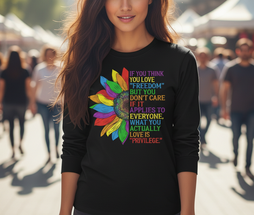 Long Sleeve Tee — Rainbow Feather Quote “If You Think Freedom…” Equality Human Rights Activists Protest Shirt