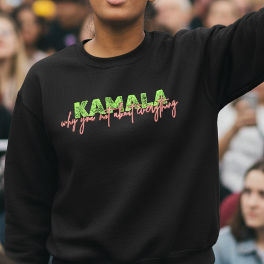 Person wearing a black sweatshirt with 'KAMALA was right about everything' text in a crowd.