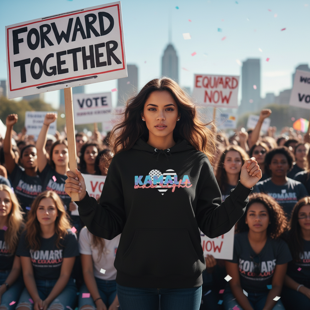 woman wearing black hoodie that says "Kamala Was Right" at a protest