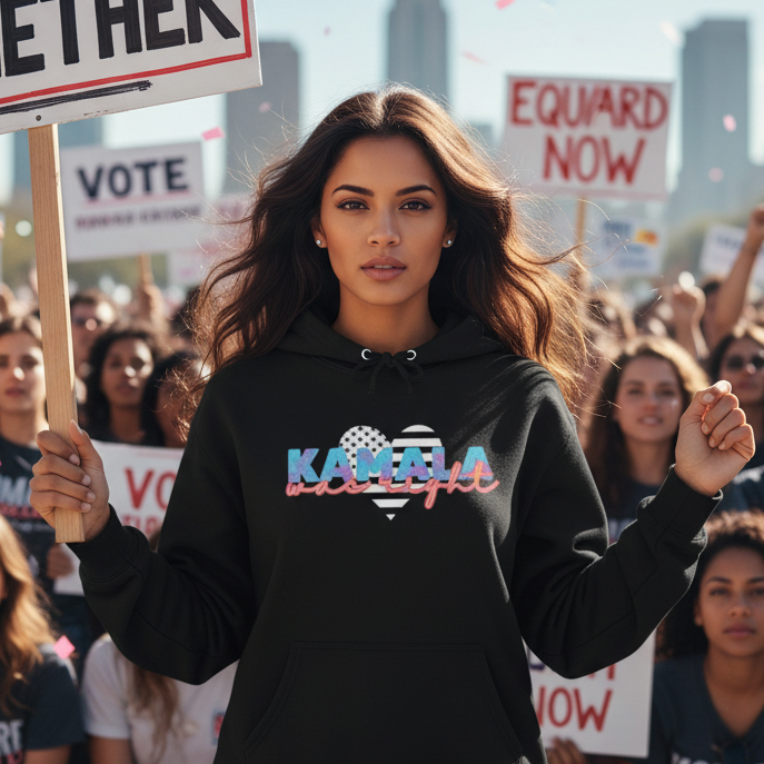 Woman in a black hoodie with 'Kamala' text at a protest rally