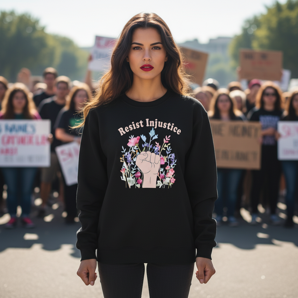 Black sweatshirt with 'Resist Injustice' text and floral design on a white background