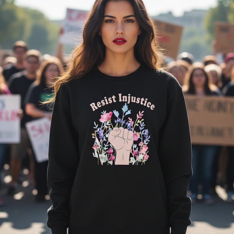 Woman wearing a black sweatshirt with 'Resist Injustice' design at a protest rally.