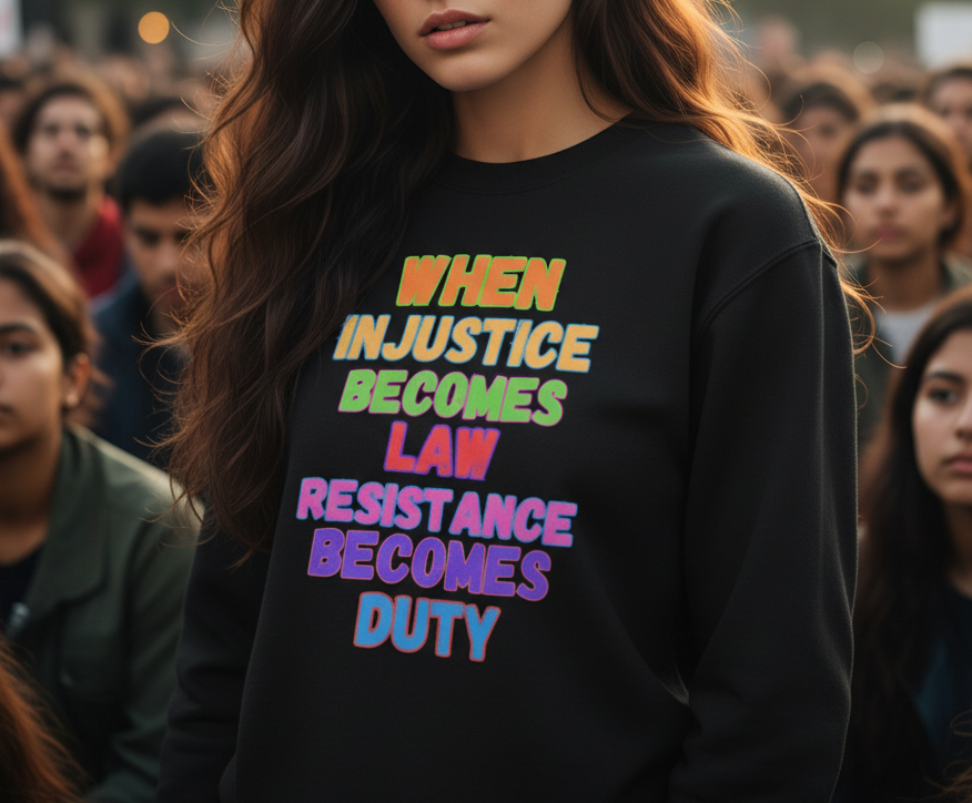 Beautiful woman wearing a colorful sweatshirt with the quote "when injustice becomes law resistance becomes duty"