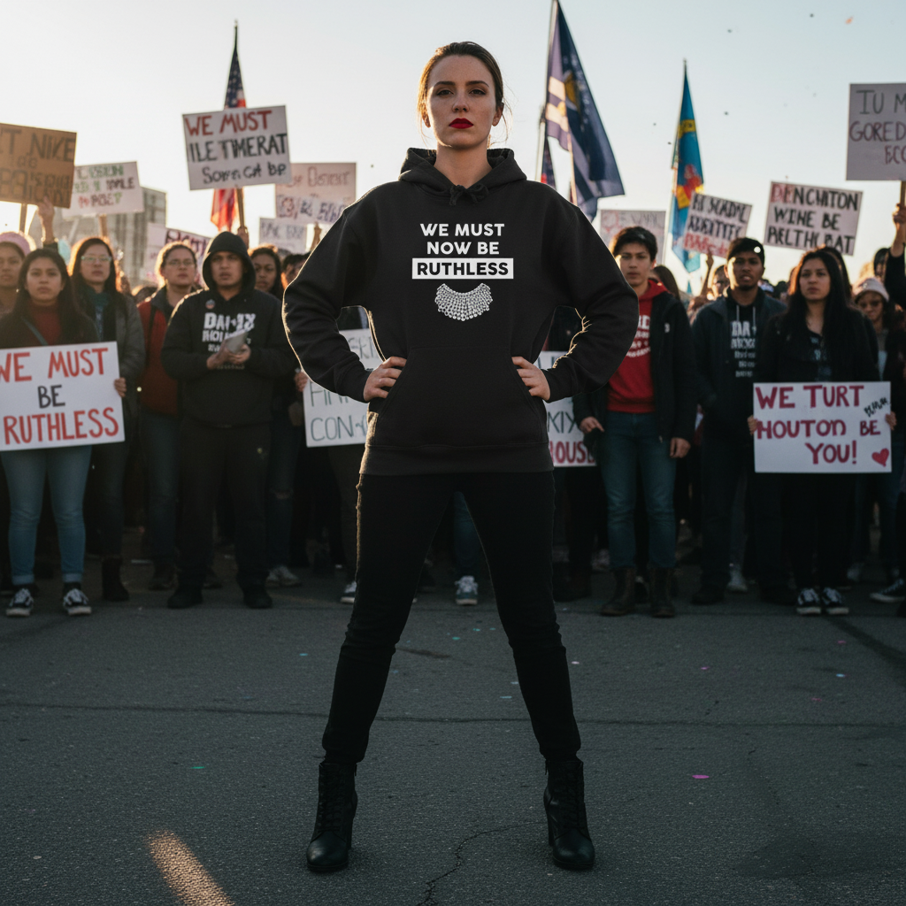 Person wearing a black hoodie with 'We Must Now Be Ruthless' text at a protest rally.