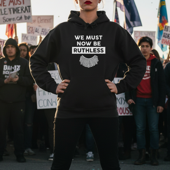 woman wearing we must now be ruthless black hoodie in a protest