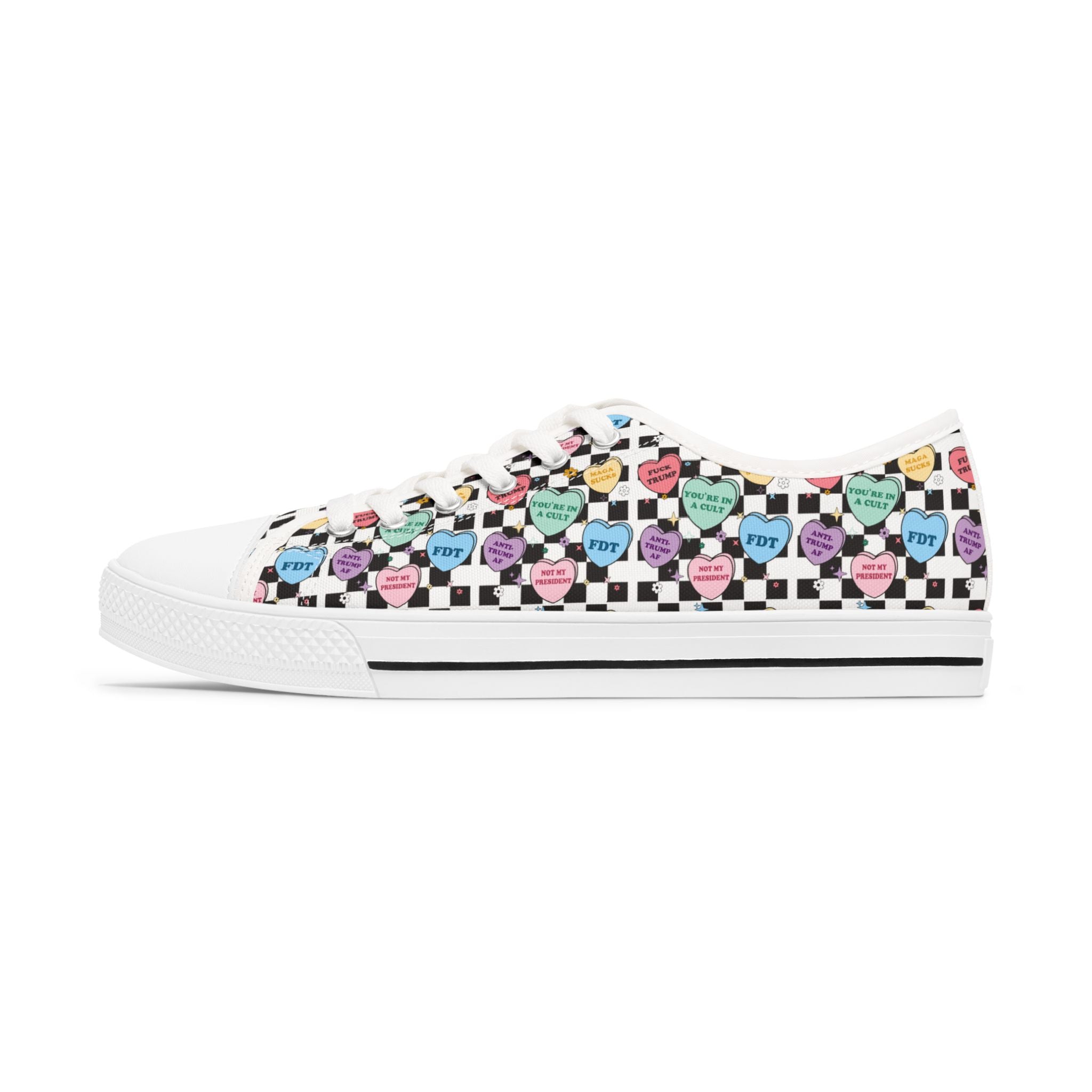 Activist Checkered Anti Trump Women's Low Top Sneakers, Bright Colored Hearts, Political Activists, Protest Shoes, Statement Sneakers, Activist