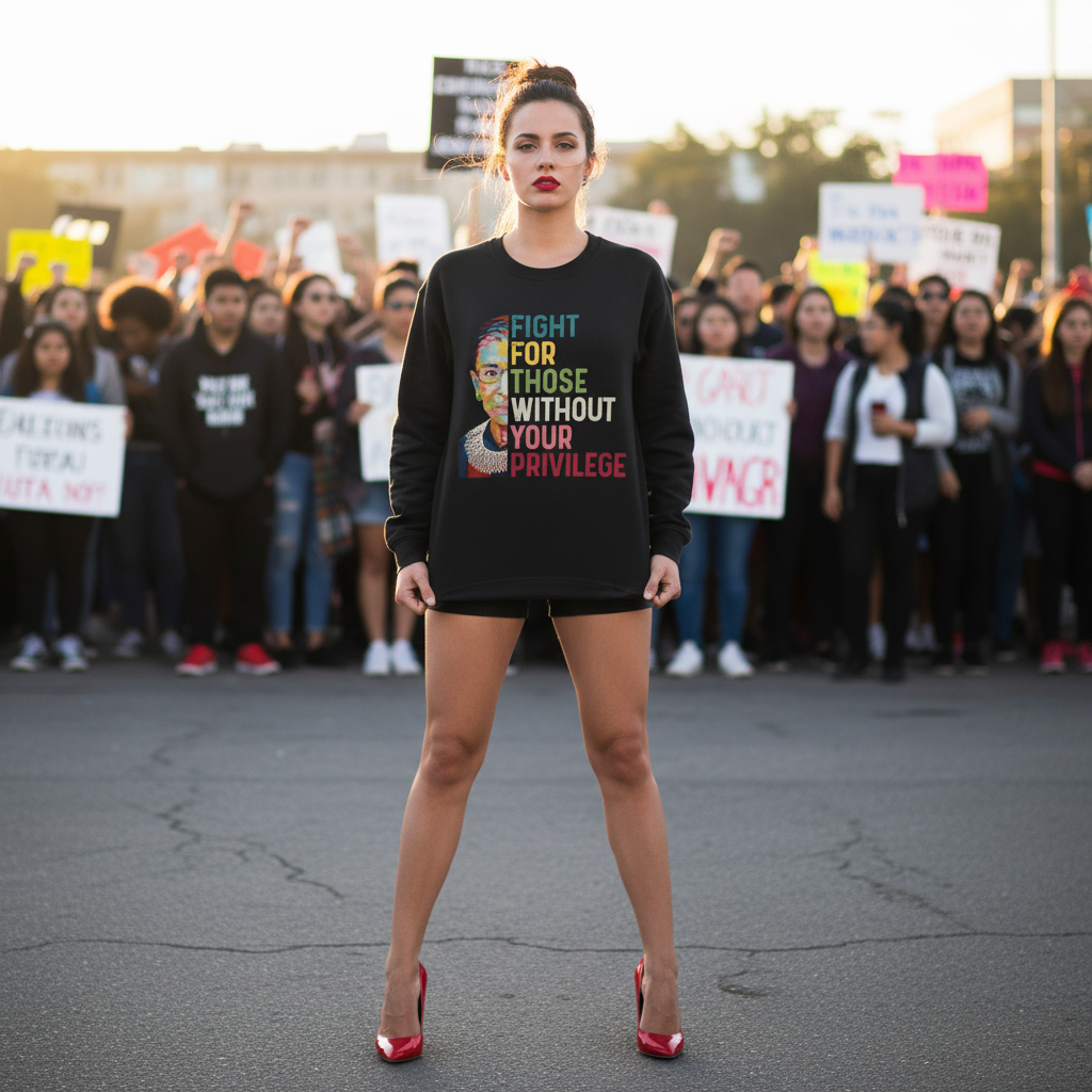 Woman standing in front of a protest crowd wearing a black sweatshirt with colorful text Fight for those without your privilege