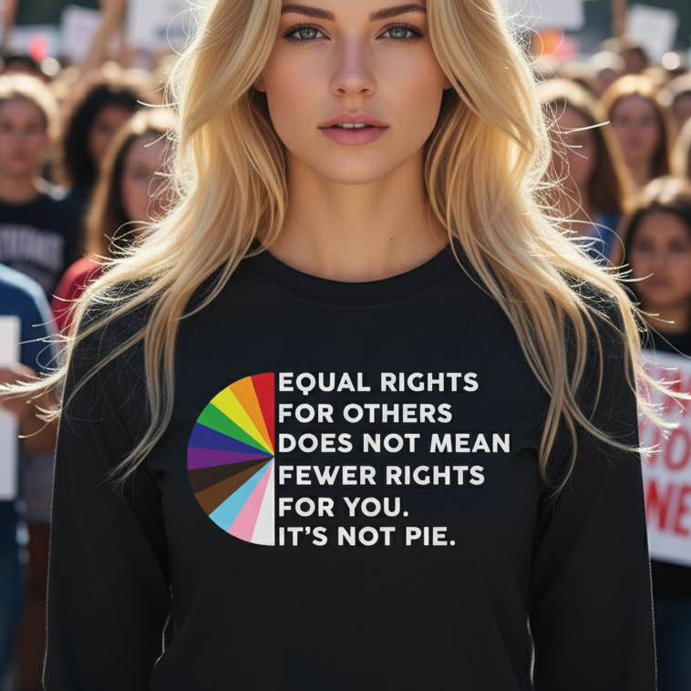 Woman wearing a black shirt with a rainbow-colored equality message at a protest rally.