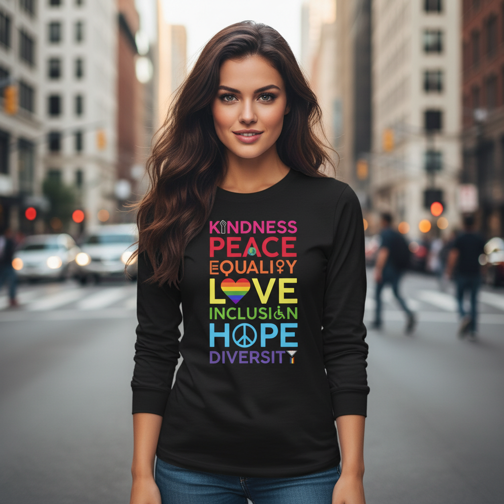Woman wearing a black sweatshirt with colorful text on a city street equality inclusion love hope