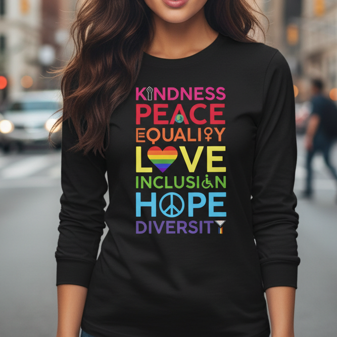 women wearing a long sleeve shirt kindness equality love peace inclusion diversity hope