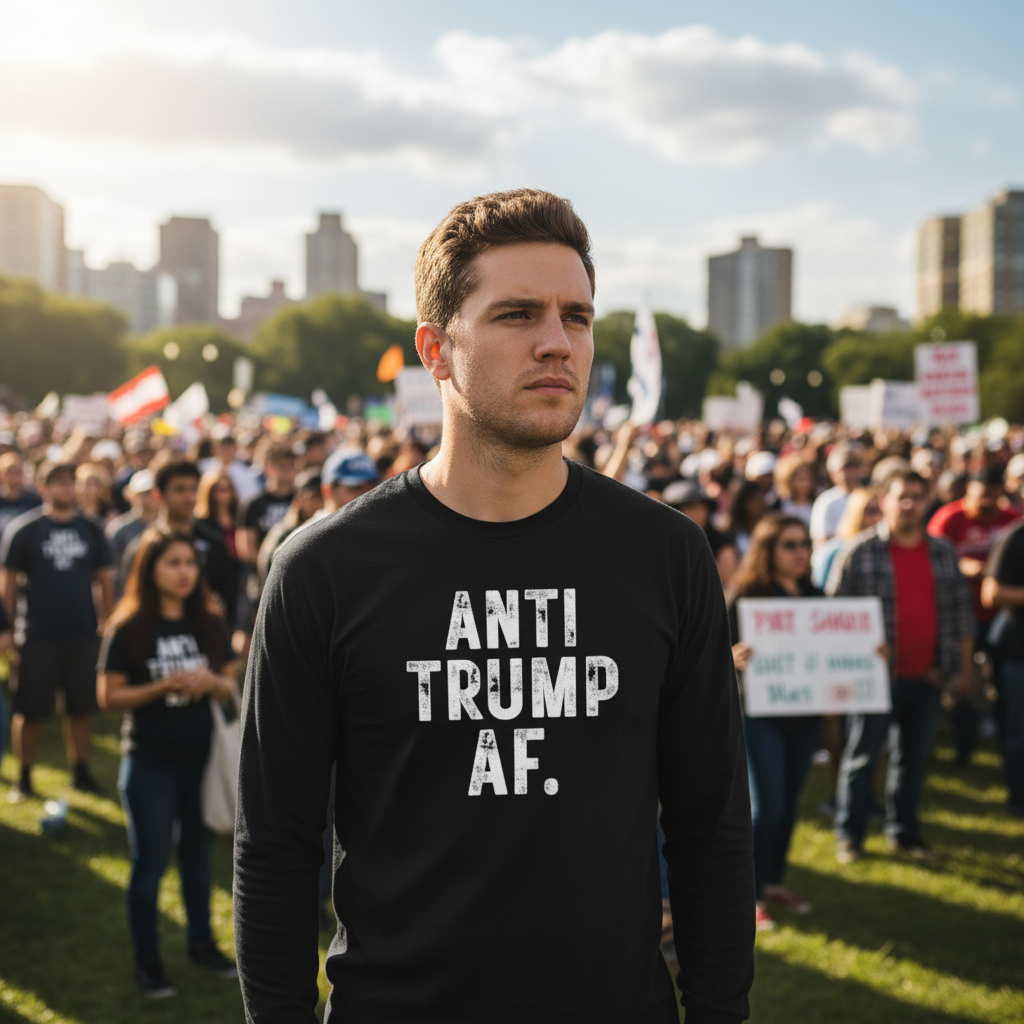Man wearing an 'ANTI TRUMP AF.' shirt at a protest rally with a city skyline in the background.