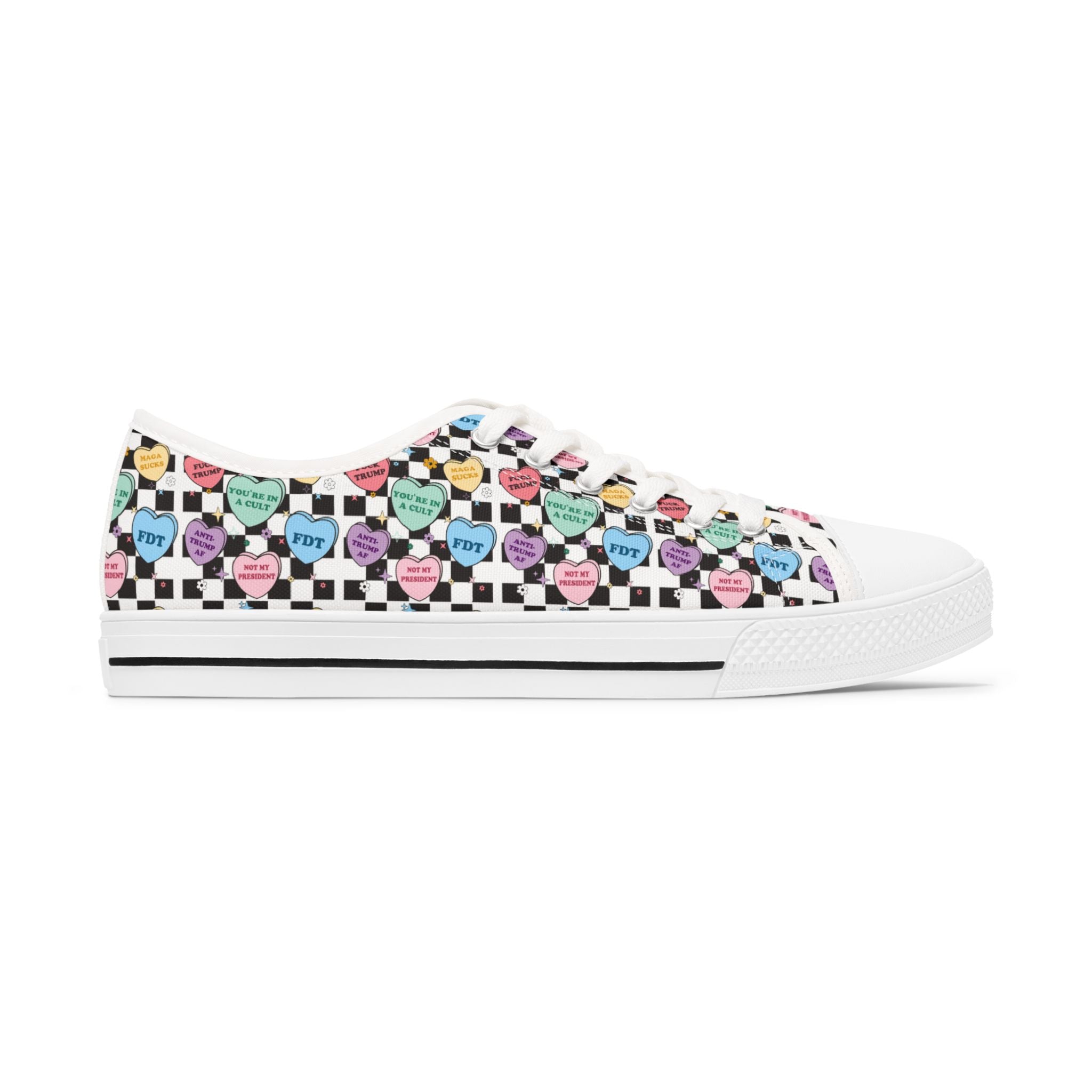 Activist Checkered Anti Trump Women's Low Top Sneakers, Bright Colored Hearts, Political Activists, Protest Shoes, Statement Sneakers, Activist