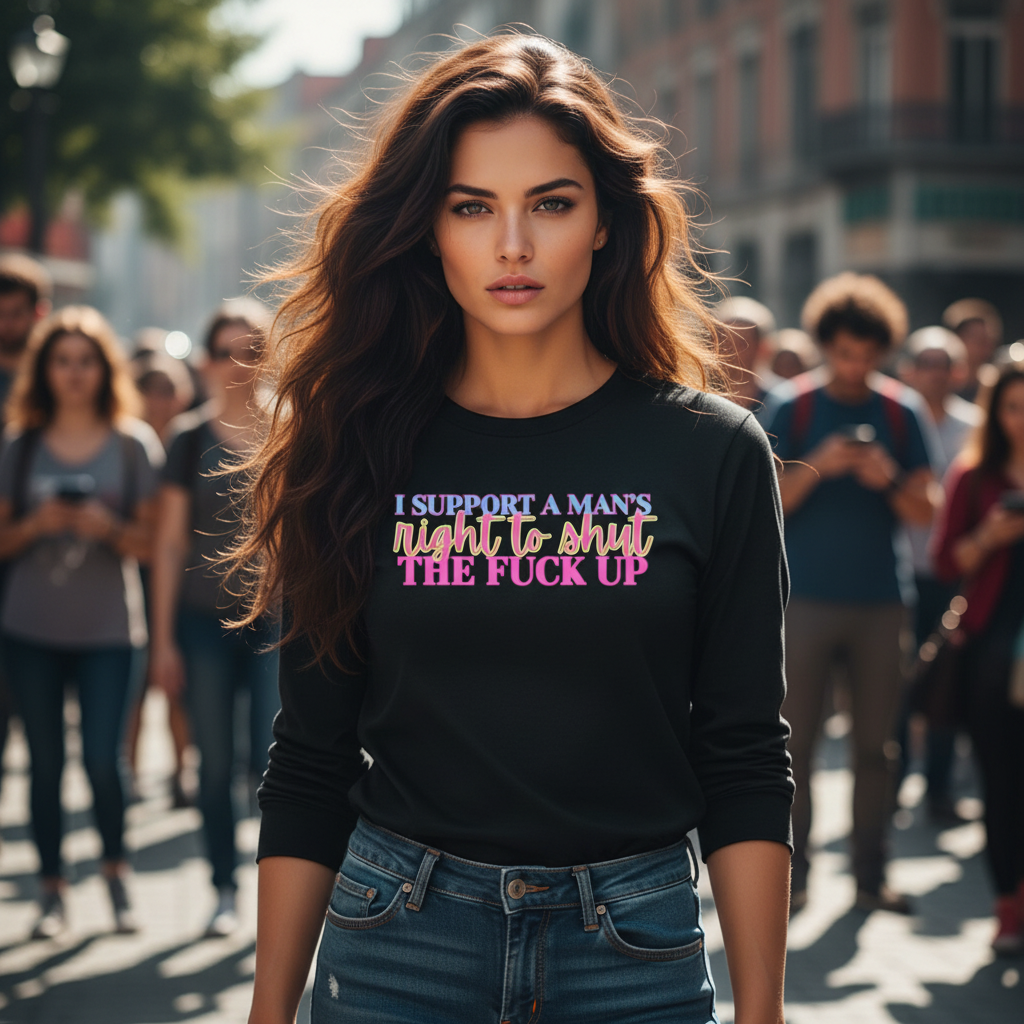 Long Sleeve Tee — "I Support A Man's Right To Shut The F*** Up" Retro Pink & Blue Statement Equal Rights Activists Protest Shirt