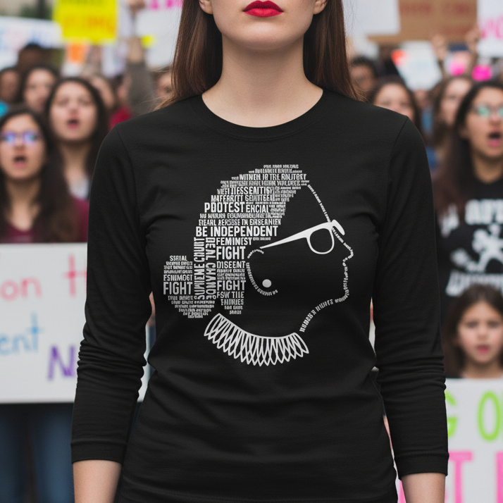 Woman wearing a black shirt with a graphic design in a protest setting