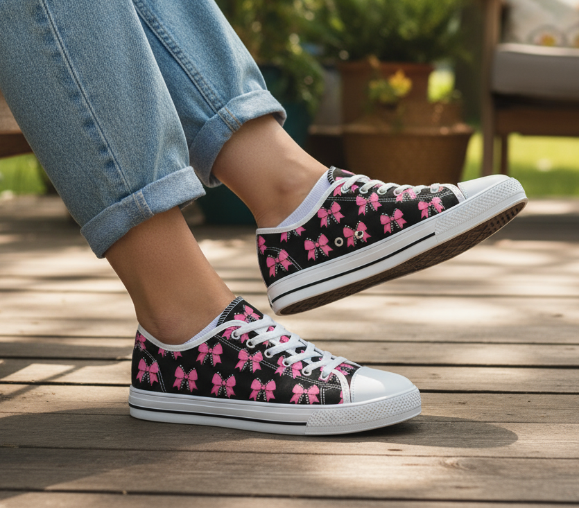 Sneakers, Pink Bows with Black and White Checkered Bow, Viral Trending Design, Women's Shoes, Low Top Trainers, Fashion Footwear, Stylish