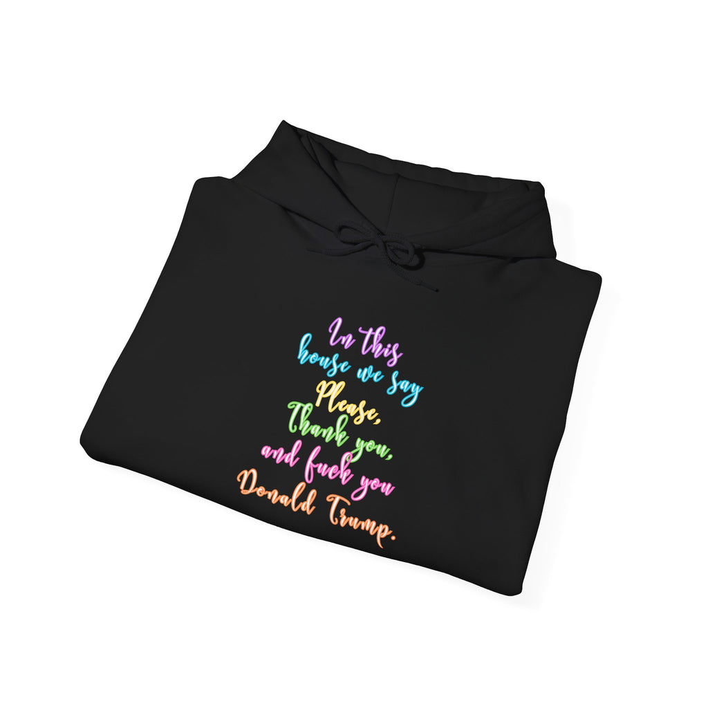 Hoodie - Colorful Script Political Humor Quote "In This House We Say Please, Thank you, and f*** you Donald Trump"