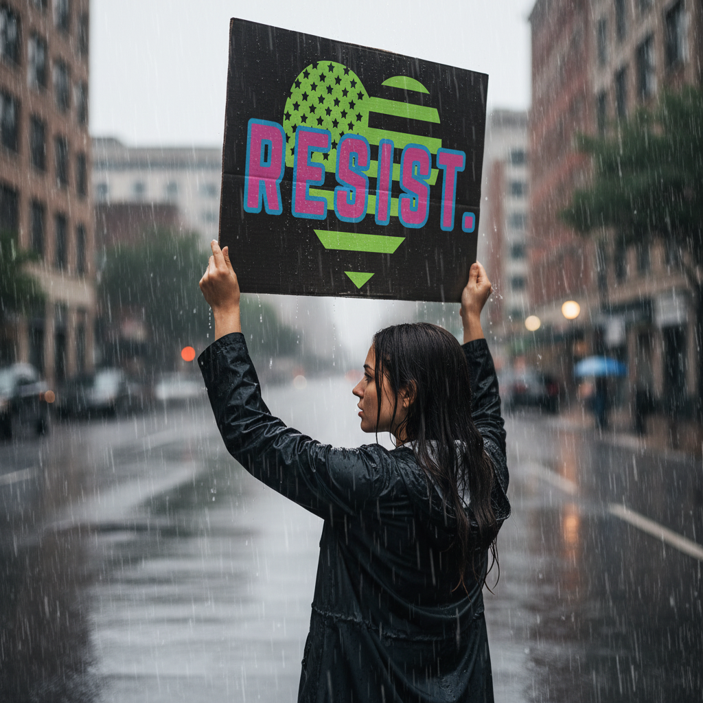 Neon green and pink 'RESIST.' graphic with American flag design on a black background