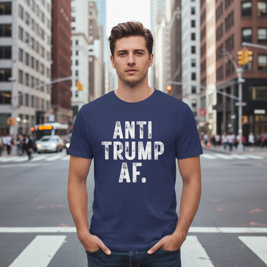 Man wearing a blue shirt with vintage font "Anti Trump AF"