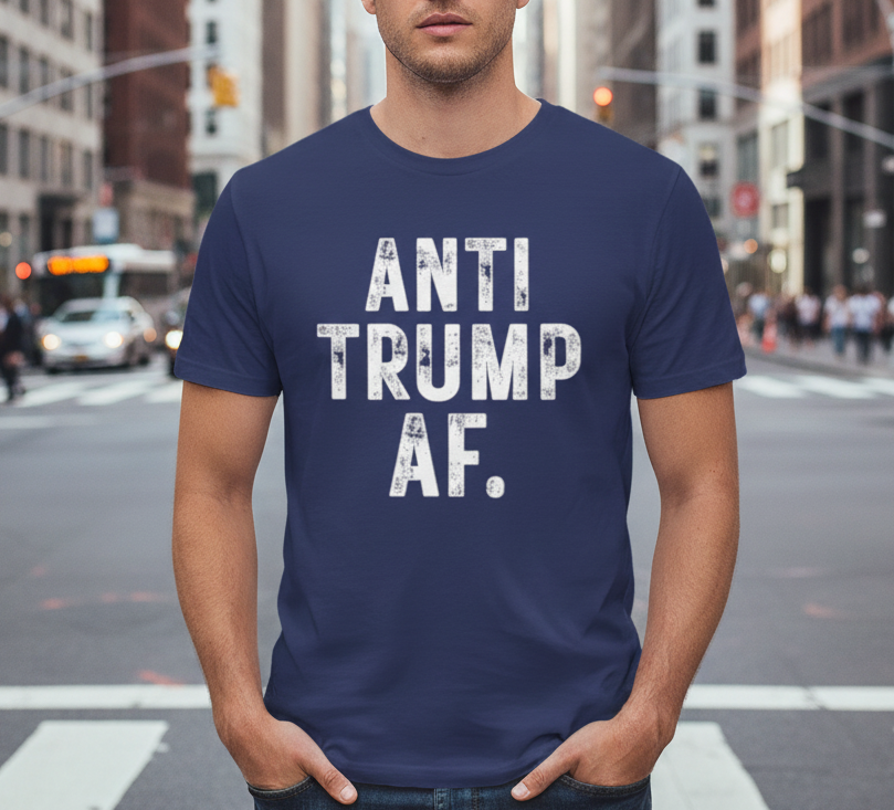 Man wearing a blue shirt with rustic font "Anti Trump AF"