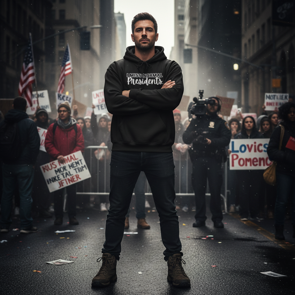 Black hoodie with 'I MISS NORMAL Presidents' text on a white background