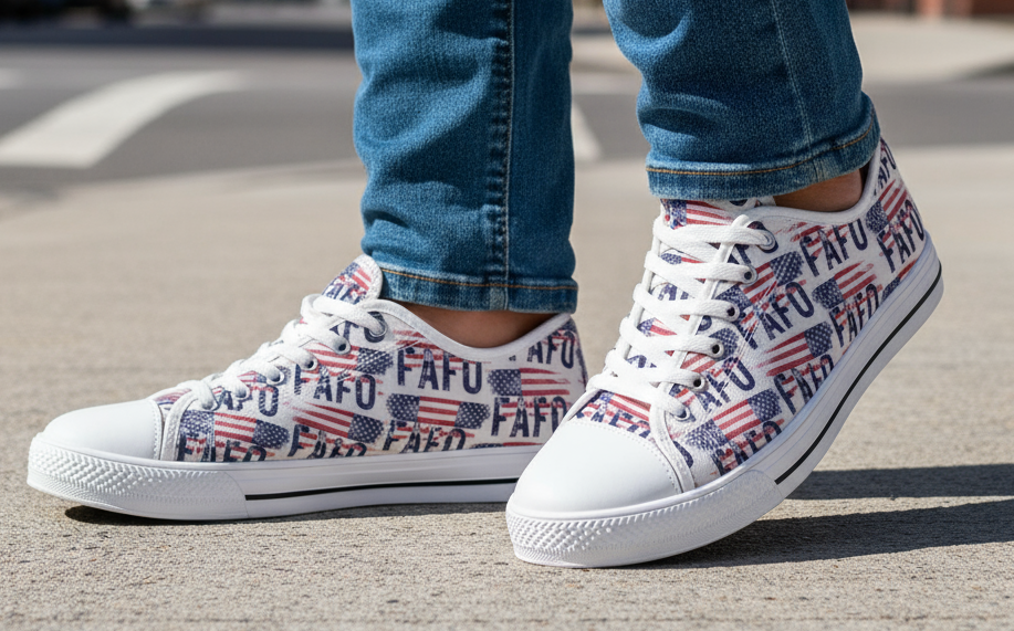 Political Rights Activists Women's Sneakers, FAFO, Anti Trump, Vintage American Flag, Activist Shoes, Protester Footwear Liberal Fashion, Anti Trump Apparel Chucks