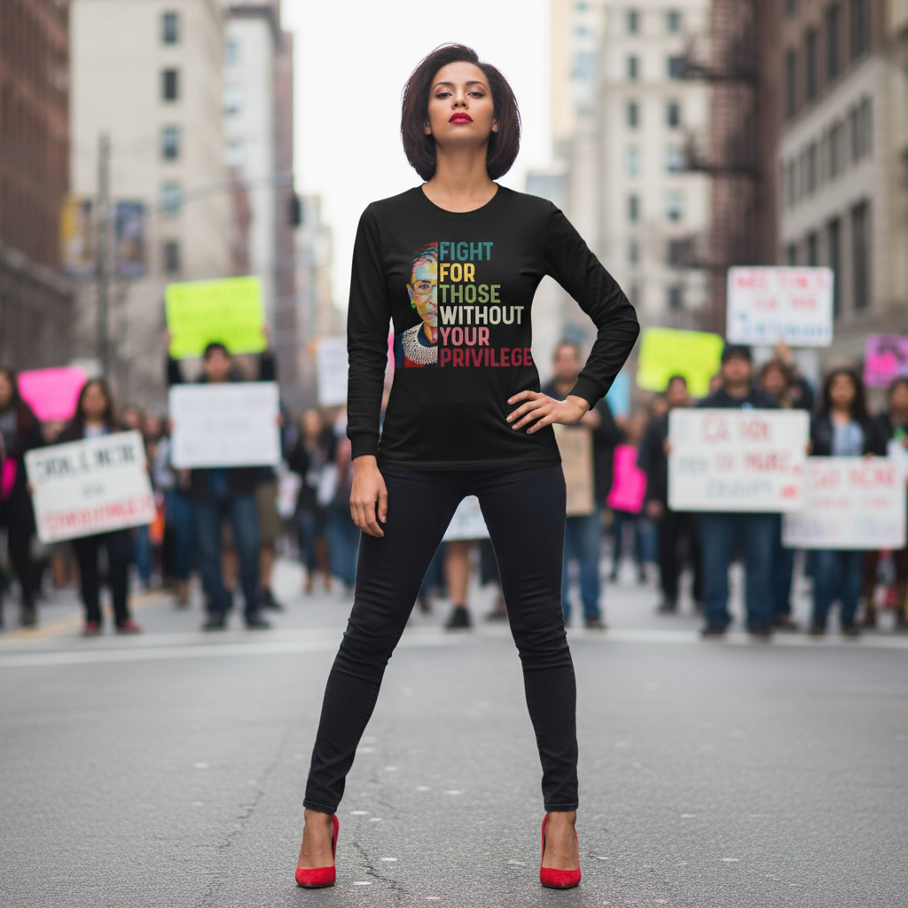 woman wearing a black shirt "fight for those without your privilege" at a protest