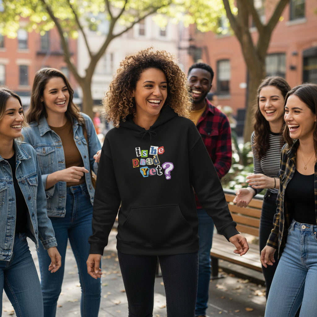 Group of friends walking together on a city street, one wearing a black hoodie with colorful text.