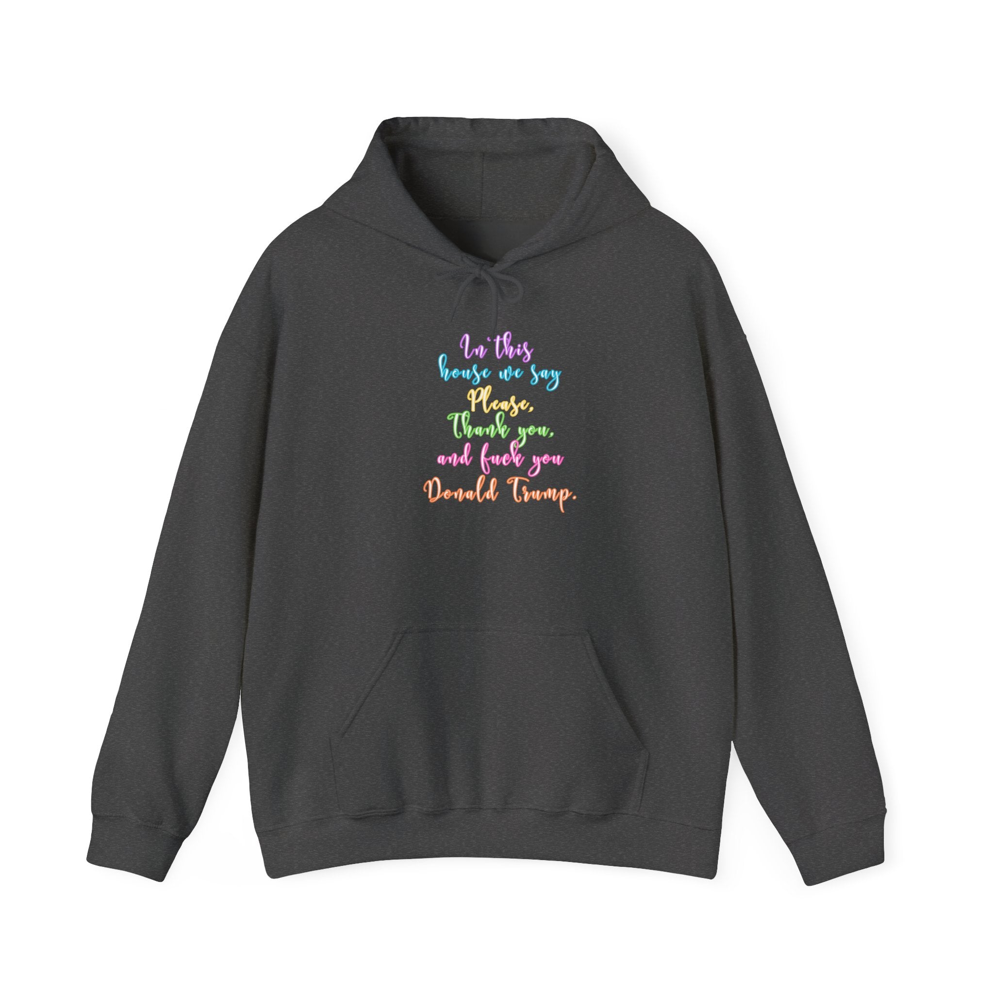 Hoodie - Colorful Script Political Humor Quote "In This House We Say Please, Thank you, and f*** you Donald Trump"