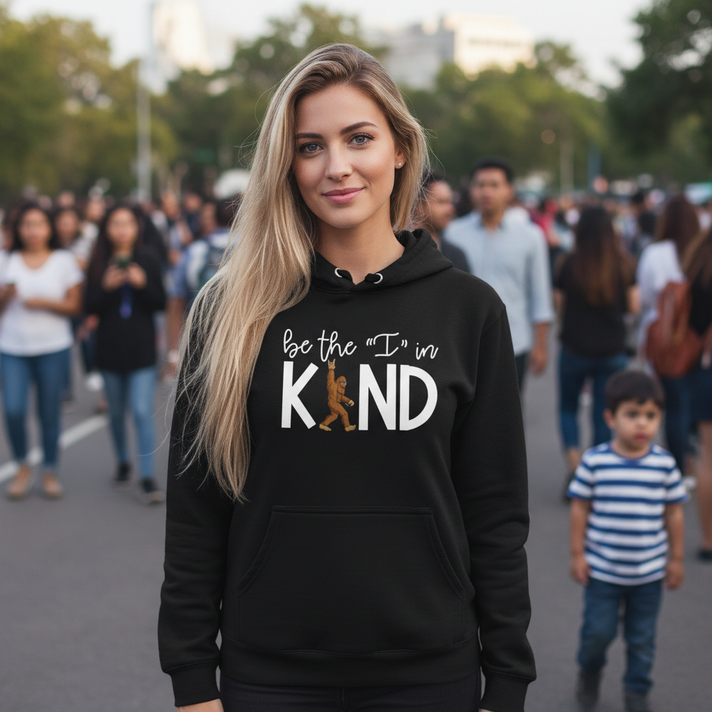 Black hoodie with 'be the 'I' in KIND' text and graphic on a white background