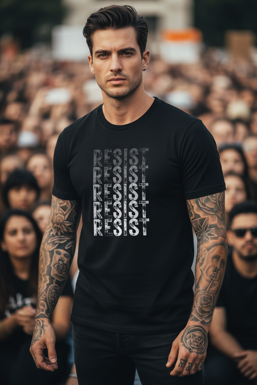 Handsome man wearing a Vintage Style 'RESIST' black t-shirt