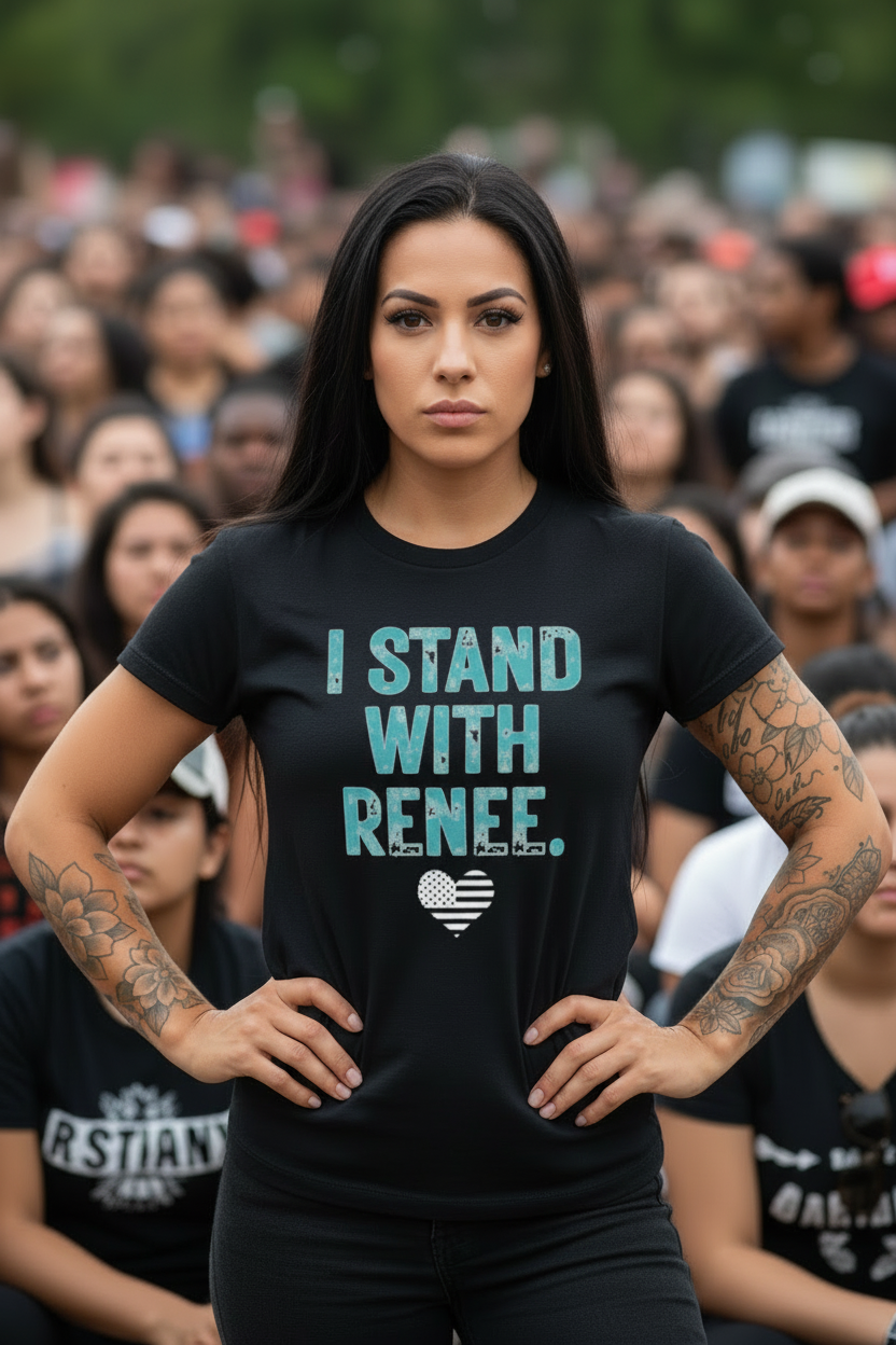 Beautiful woman with a black tshirt that says I stand with Renee in a crowd MN
